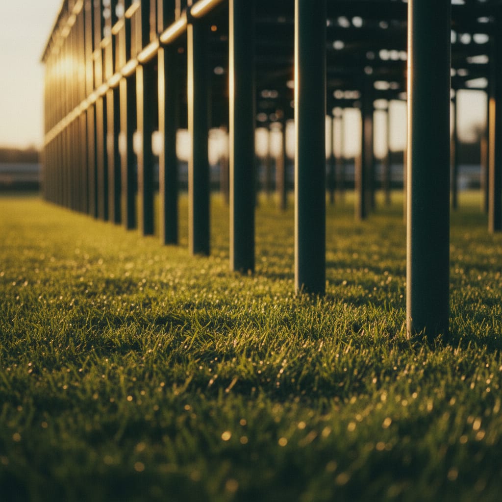 Racetrack rail and turf at golden hour
