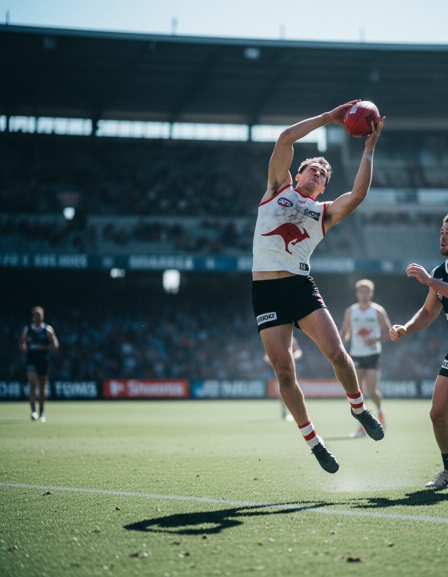 An Australian rules footballer taking a mark in front of a full grandstand